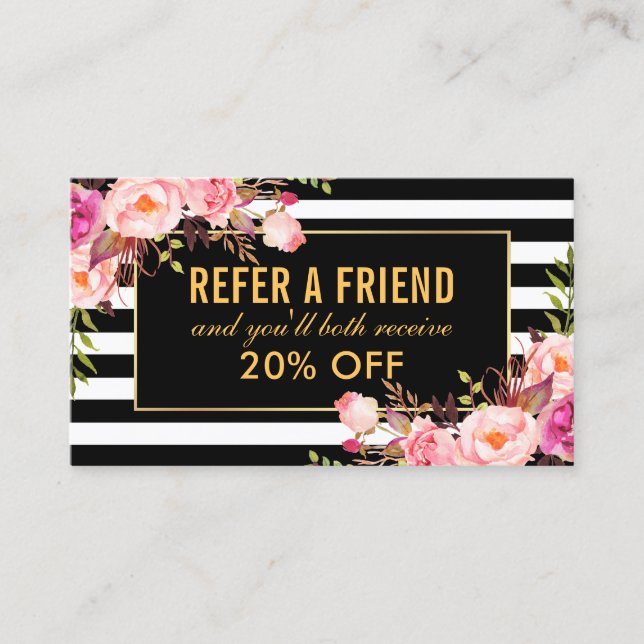 Elegant Gold Pink Floral Striped Referral Business Card (Front)