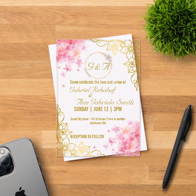 Elegant Gold & Pink Floral Wedding Invitation (Insitu (Invitation Card))