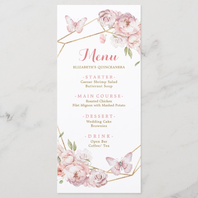 Elegant Gold Pink Geometric Floral Quinceañera Menu (Front)