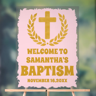 Elegant Gold Pink Girl  Baptism Welcome Frosted Acrylic Sign