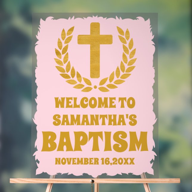Elegant Gold Pink Girl  Baptism Welcome Frosted Acrylic Sign (Neutral)