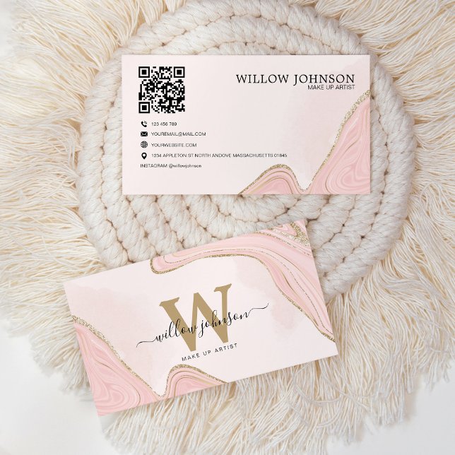 Elegant Gold Pink Glitter QR Code Modern Monogram Business Card (Creator Uploaded)