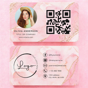 Elegant Gold Pink Glitter QR Code Modern Photo Business Card