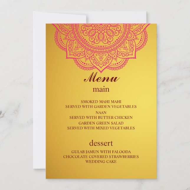 Elegant Gold Pink Indian Hindu Wedding menu Invitation (Front)