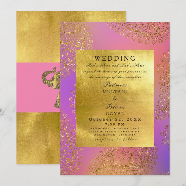 Elegant Gold & Pink Indian Style Wedding  Invitation (Front/Back)