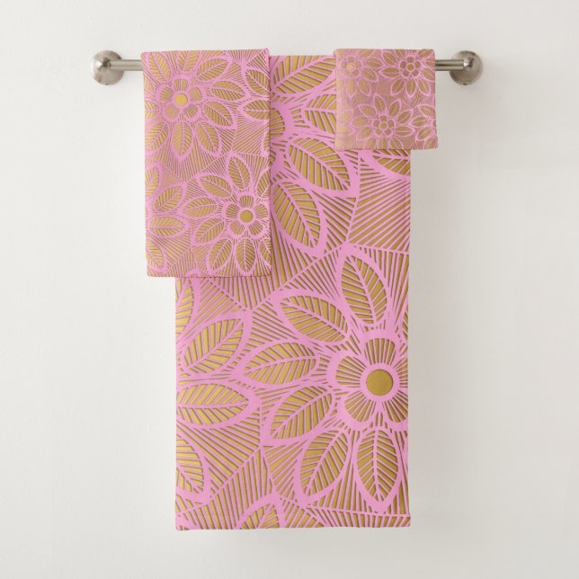 ELEGANT GOLD PINK LACE FLORAL BATHROOM TOWEL SET (Insitu)