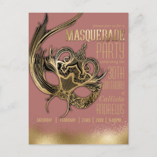 Elegant Gold Pink Masquerade Mask Birthday Party Invitation Postcard