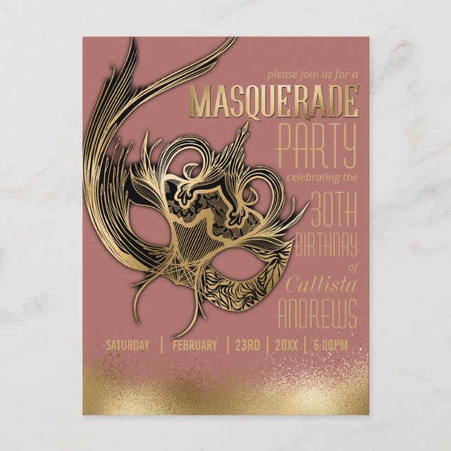 Elegant Gold Pink Masquerade Mask Birthday Party Invitation Postcard (Front)