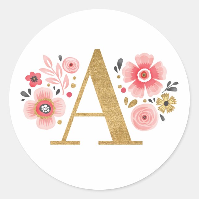 Elegant Gold Pink Monogram Floral Letter A Classic Round Sticker (Front)