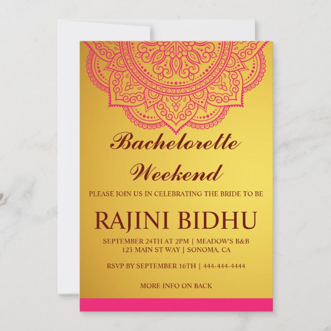 Elegant Gold Pink Paisley Bachelorette Weekend Inv Invitation (Front)