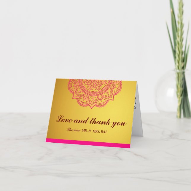 Elegant Gold Pink Paisley Indian Hindu Wedding Tha Thank You Card (Front)