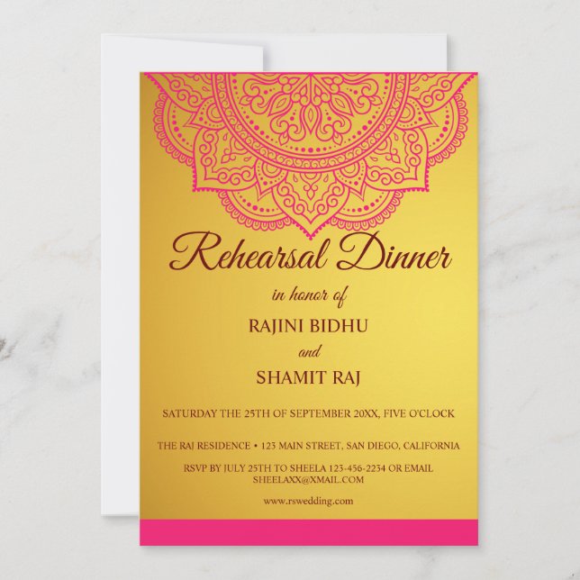 Elegant Gold Pink Paisley Indian Rehearsal Dinner  Invitation (Front)