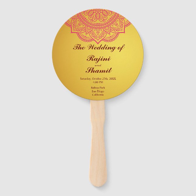 Elegant Gold Pink Paisley Indian Wedding Program H Hand Fan (Front)