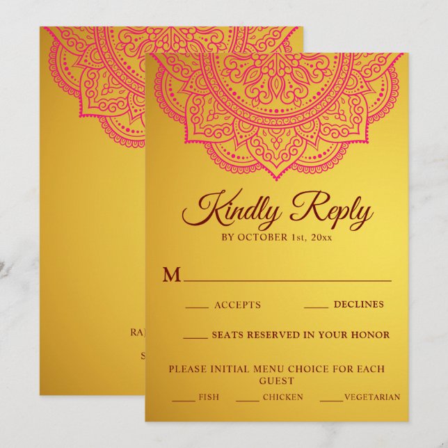 Elegant Gold Pink paisley Indian Wedding RSVP (Front/Back)