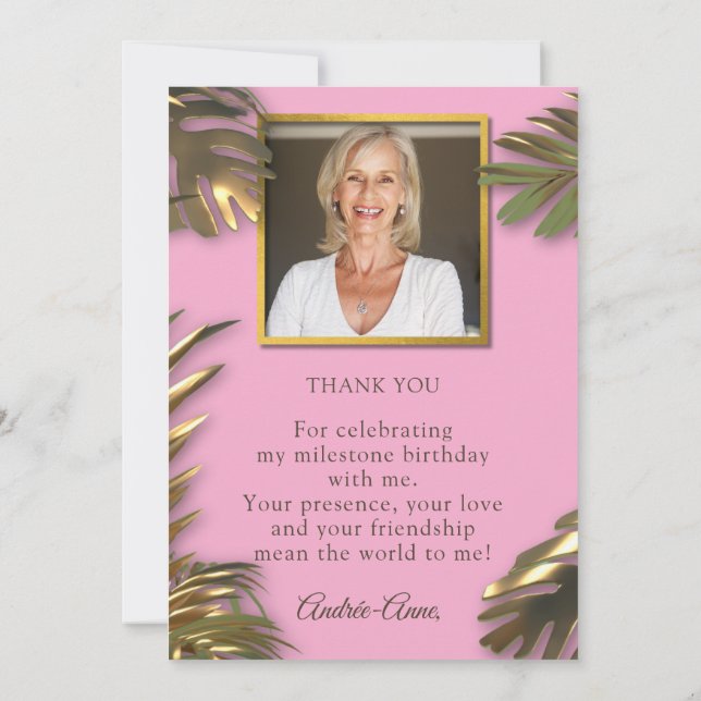 Elegant Gold Pink Photo 50 Fabulous Birthday  Thank You Card (Back)