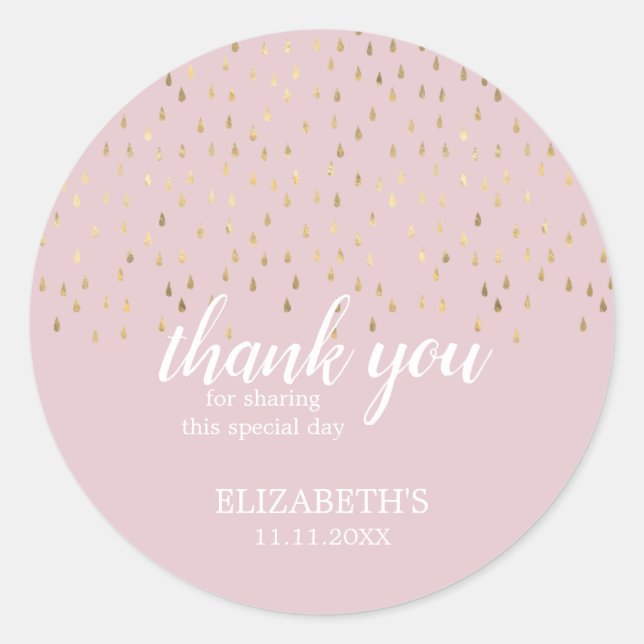 Elegant Gold & Pink Raindrops Baby Shower Classic Round Sticker (Front)