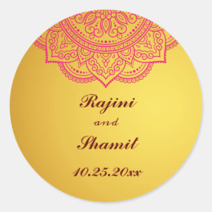 Elegant Gold Pink Red Indian Paisley Wedding  Clas Classic Round Sticker