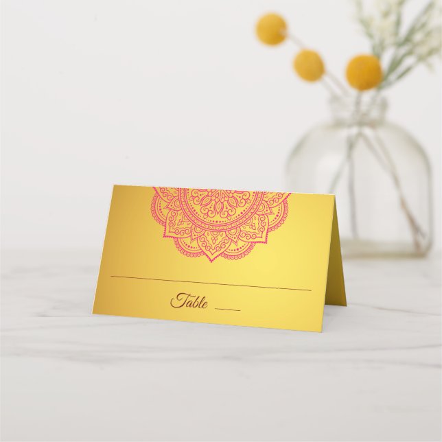 Elegant Gold Pink Red Paisley Indian Hindu Wedding Place Card (Front)
