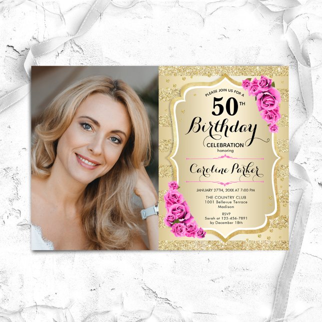 Elegant Gold Pink Roses Photo 50th Birthday Invitation (Creator Uploaded)