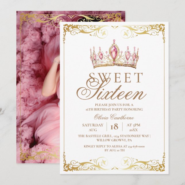 Elegant Gold & Pink Sweet 16 Crown Birthday Photo Invitation (Front/Back)