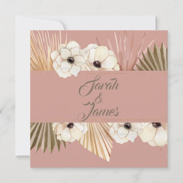 Elegant Gold Pink Watercolor Boho Floral Wedding Invitation (Front)