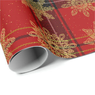 Elegant Gold & Plaid Christmas Snowflake Pattern Wrapping Paper