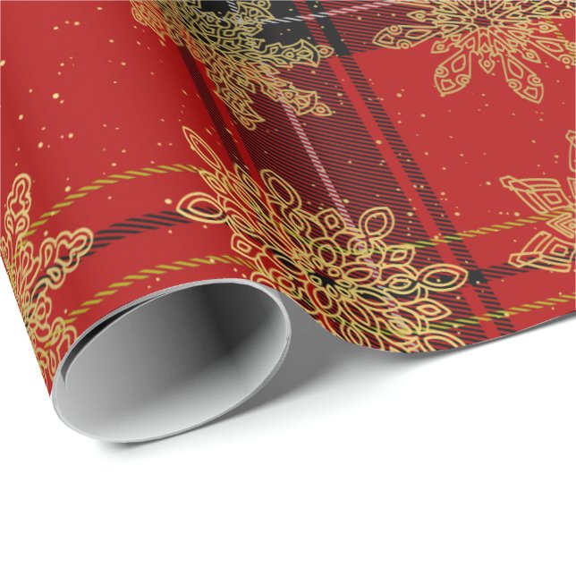 Elegant Gold & Plaid Christmas Snowflake Pattern Wrapping Paper (Roll Corner)