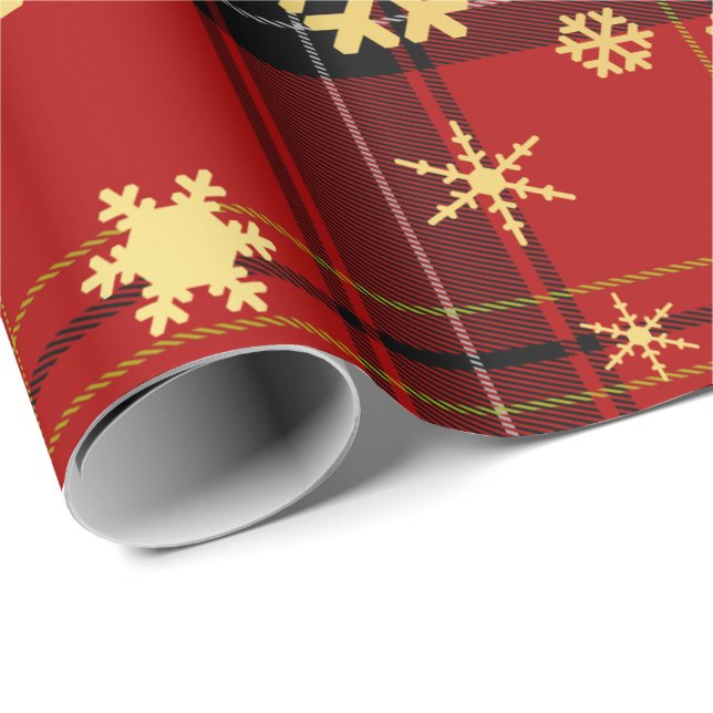 Elegant Gold & Plaid Christmas Snowflake Pattern Wrapping Paper (Roll Corner)