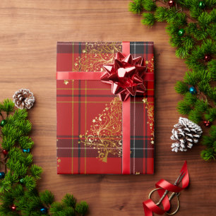 Elegant Gold & Plaid Christmas Tree Pattern Wrapping Paper