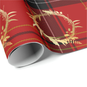 Elegant Gold & Plaid Christmas Wreath Pattern Wrapping Paper
