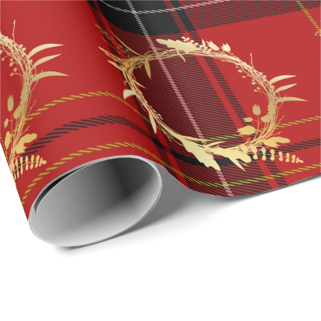 Elegant Gold & Plaid Christmas Wreath Pattern Wrapping Paper (Roll Corner)