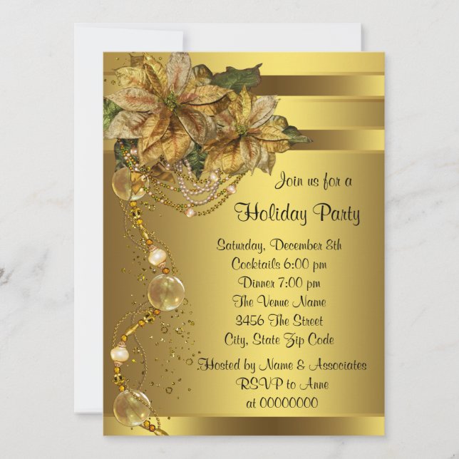 Elegant Gold Poinsettia Black Gold Christmas Party Invitation (Front)