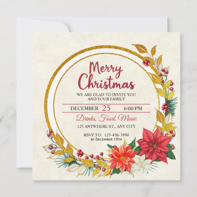 Elegant Gold & Poinsettia Christmas Party Invitation (Front)