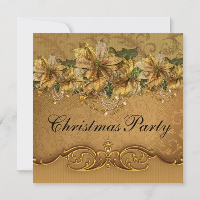 Elegant Gold Poinsettia Christmas Party Invitation (Front)