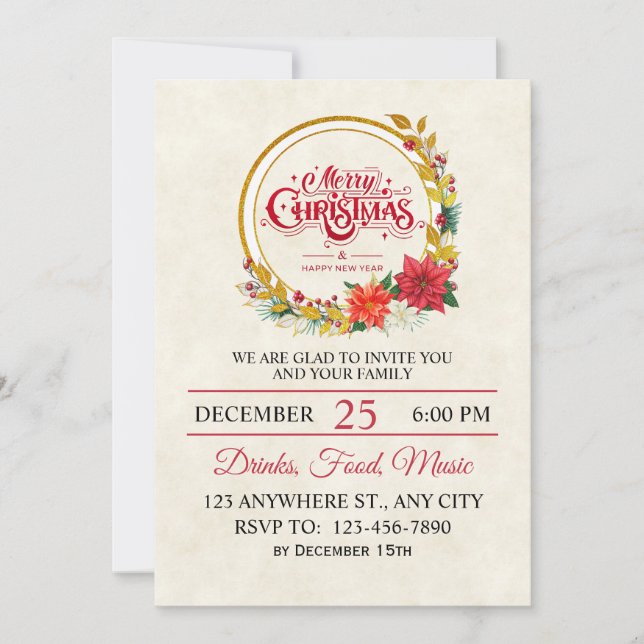 Elegant Gold & Poinsettia Christmas Party Invitation (Front)