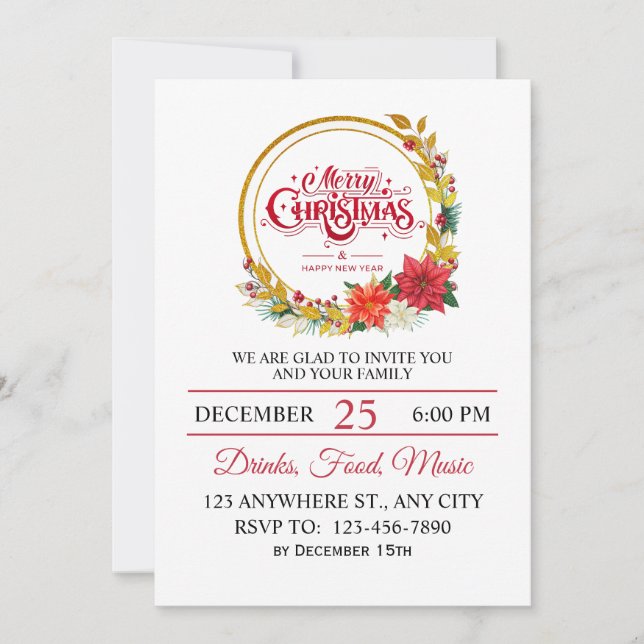 Elegant Gold & Poinsettia Christmas Party Invitation (Front)