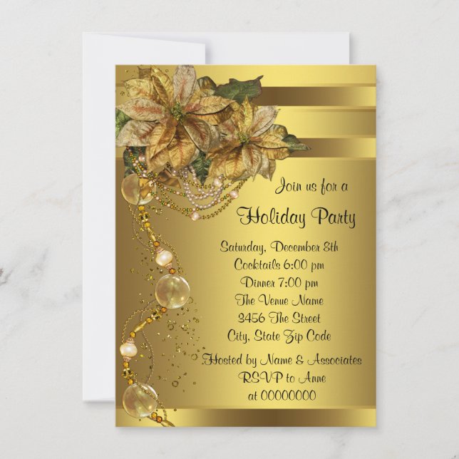 Elegant Gold Poinsettia Gold Christmas Party Invitation (Front)