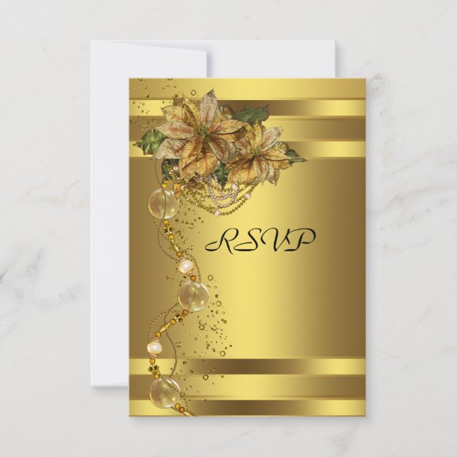 Elegant Gold Poinsettia Gold Christmas Party RSVP (Front)