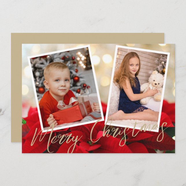 Elegant Gold Poinsettia Merry Christmas 2 Photos  Holiday Card (Front/Back)