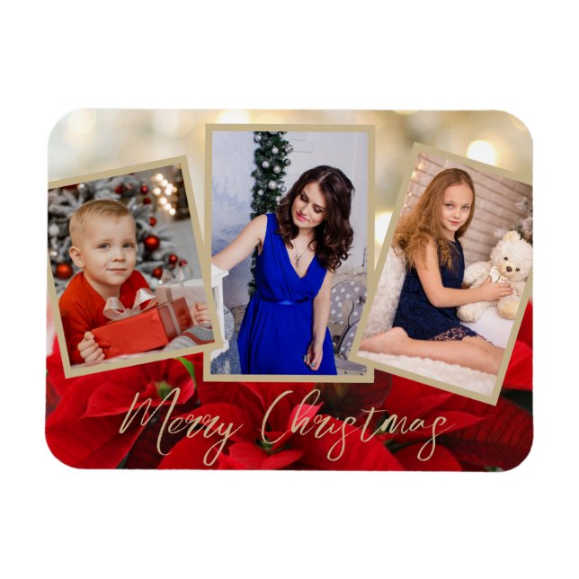 Elegant Gold Poinsettia Merry Christmas 3 Photos  Magnet (Horizontal)