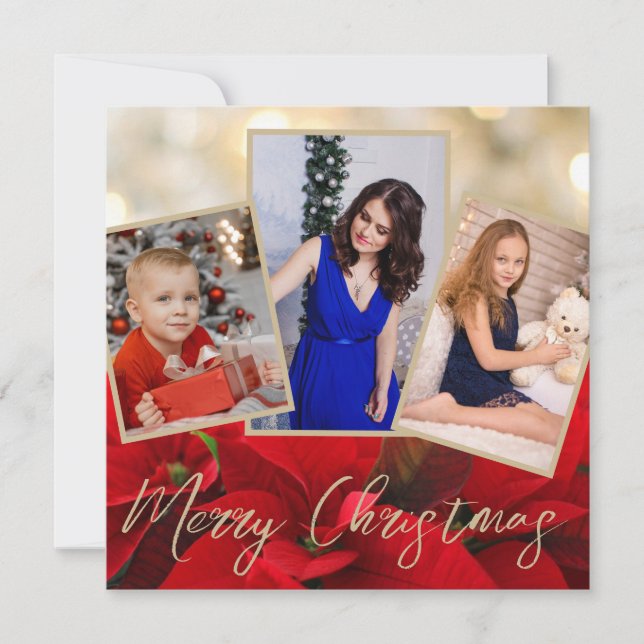 Elegant Gold Poinsettia Merry Christmas Photo Card (Front)