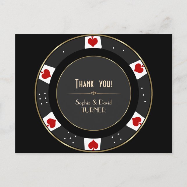 Elegant Gold Poker Chip Wedding Thank You Postcard (Front)
