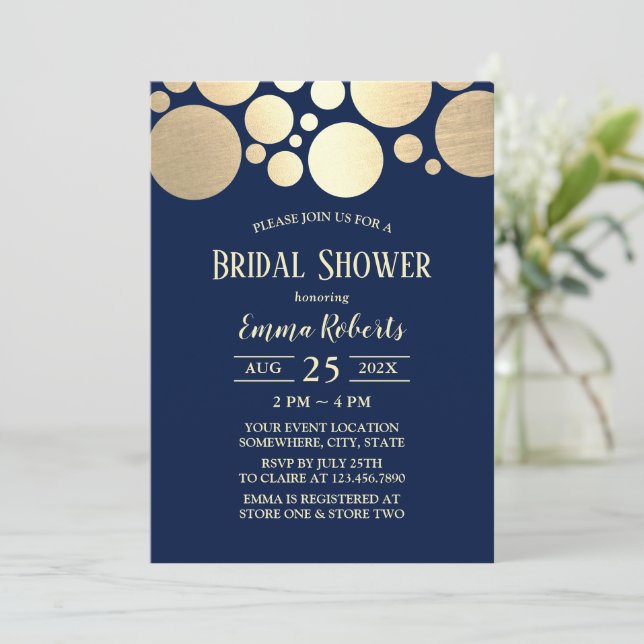 Elegant Gold Polka Dot Navy Blue Bridal Shower Invitation (Standing Front)