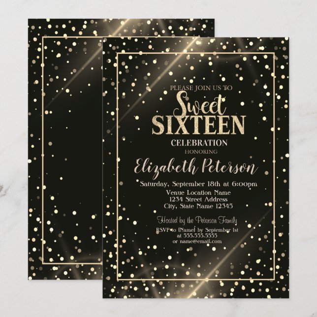 Elegant Gold Polka Dots, Black Sweet 16 Invitation (Front/Back)