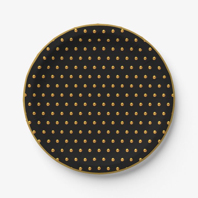Elegant Gold Polka Dots on Black Paper Plate (Front)