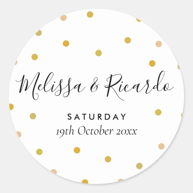 Elegant Gold Polka Dots Wedding Classic Round Sticker (Front)