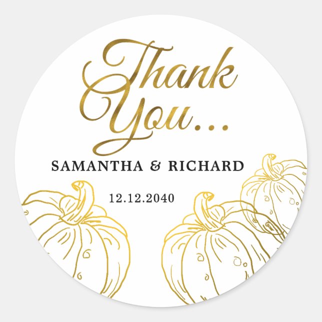 Elegant Gold Pumpkin Fall Wedding Thank You   Classic Round Sticker (Front)