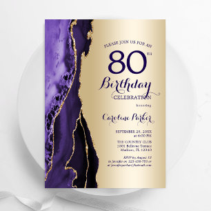 Elegant Gold Purple Agate 80th Birthday Invitation