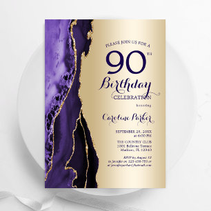 Elegant Gold Purple Agate 90th Birthday Invitation