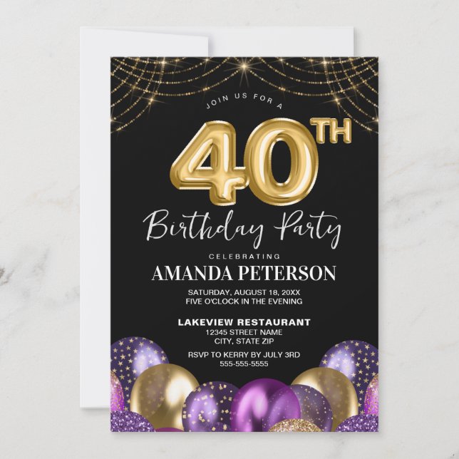 Elegant Gold Purple Balloons 40th Birthday Party Invitation (Front)